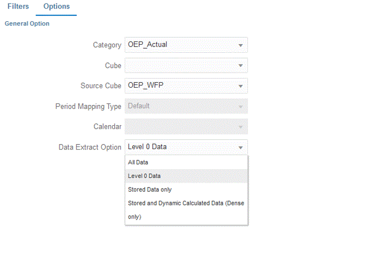 Image shows Data Extract Options