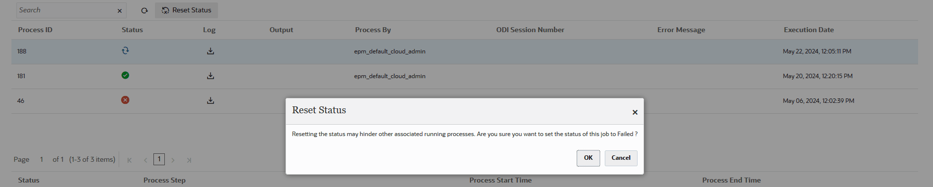Image shows the Reset Status page.