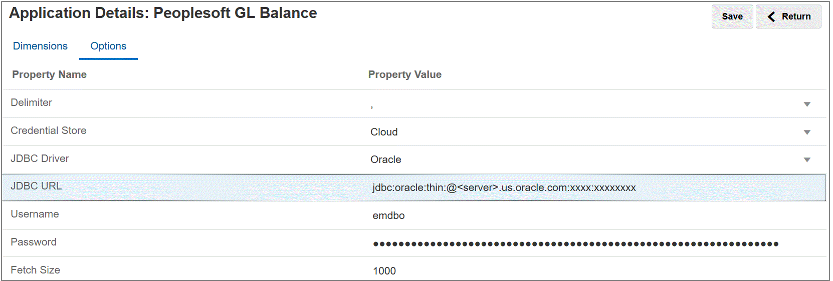 Image shows PeopleSoft connection options on Options tab.