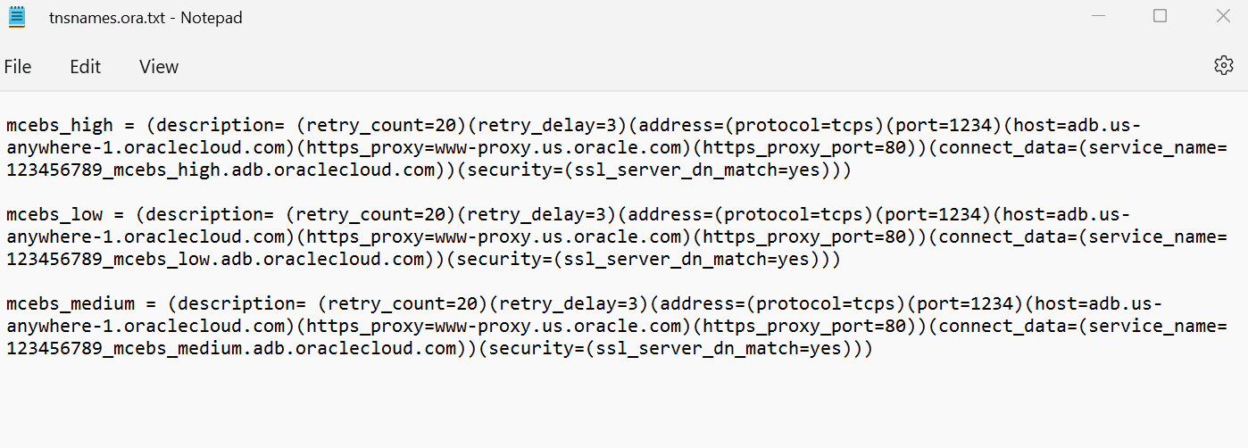 Image shows the tnsnames.ora file.