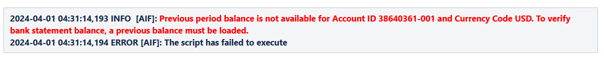 Images shows previous period balance is not available error message on the Info log.