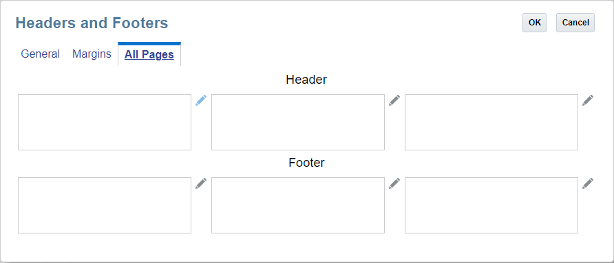 screenshot shows the All pages tab with text boxes for entering left, center, and right header and footer information
