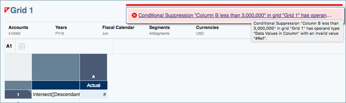 screenshot shows error from above condition: Conditional Suppression Column B less than 3,000,000 in Grid 1 has operand type with an invalid value.