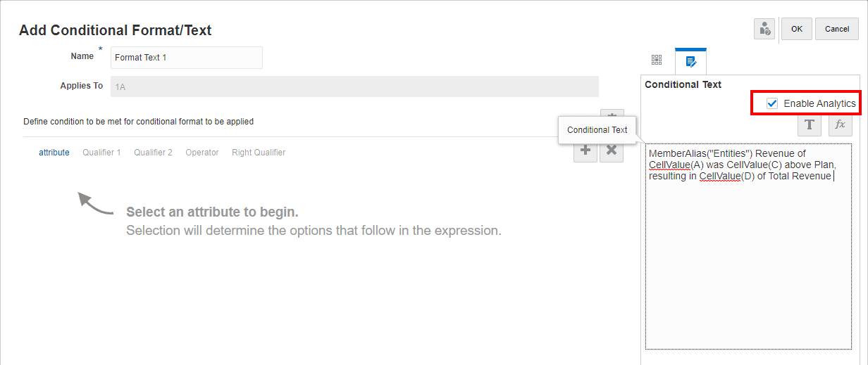 Enable Analytics in the conditional text definition