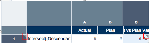 Screenshot shows a grid row with a conditional indicator at the row level on row 1 and at the cell level on cell C1.