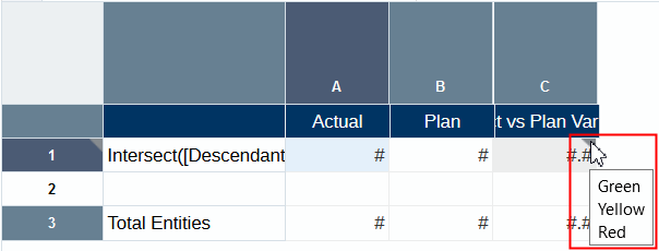 Screenshot shows a mouse hovering over a cell indicator that displays three conditional formats: Green, Yellow, and Red.