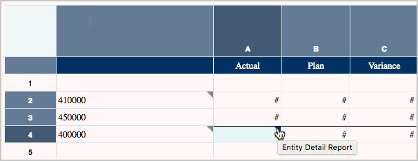 screenshot shows a grid with a grey triangle indicating a drill to, and hover text with the name of the drill to link screenshot shows a grid with a grey triangle indicating a drill to, and hover text with the name of the drill to link