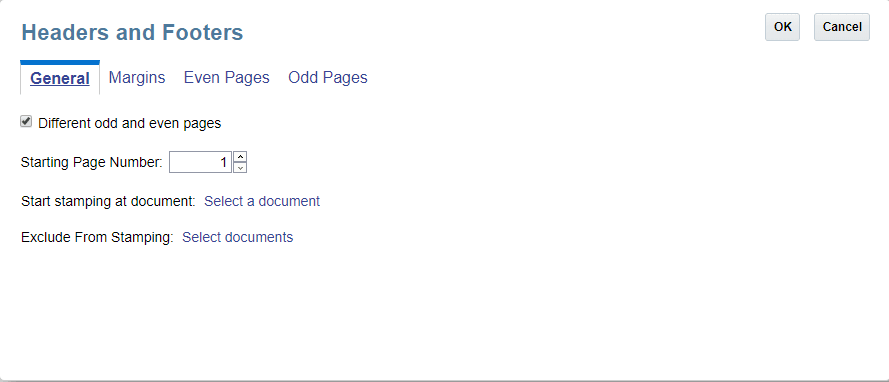 screenshot shows the headers and footers dialog box, with fields described in the procedure