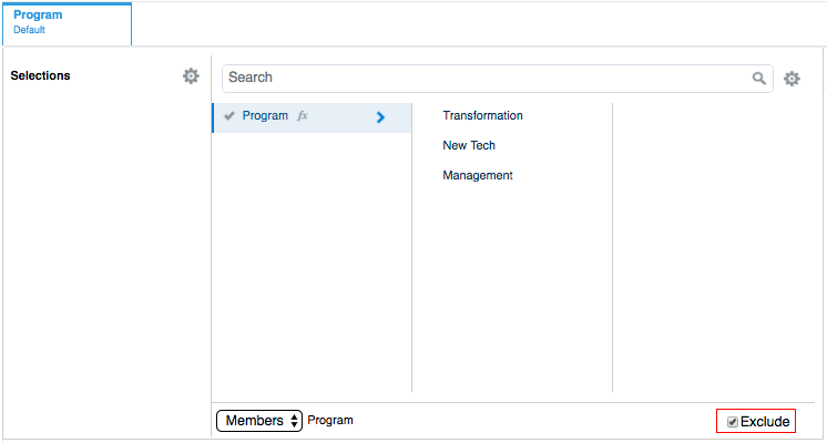 Screenshot shows the Exclude check box selected in bottom right of member selector. Screenshot shows the Exclude check box selected in bottom right of member selector.