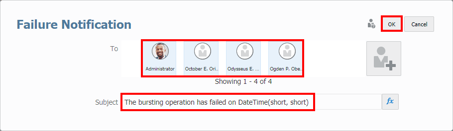 failure notification dialog displays system users