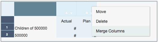figure shows column A with Actual and column B with Plan, and a menu with Merge Columns selected figure shows column A with Actual and column B with Plan, and a menu with Merge Columns selected