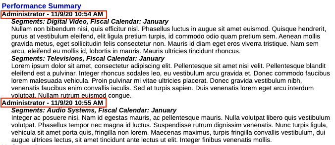preview of the report based on the date and timestamp