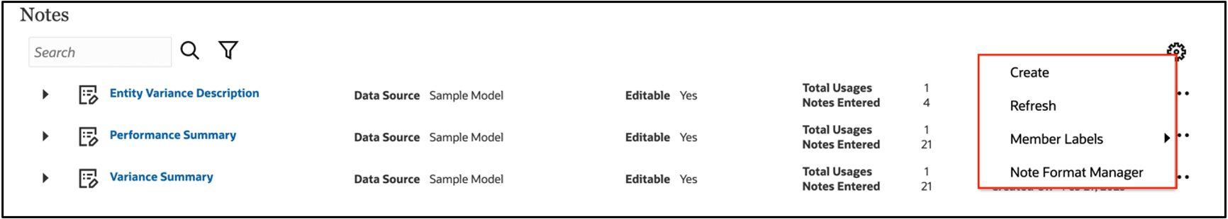 note manager actions menu additional options
