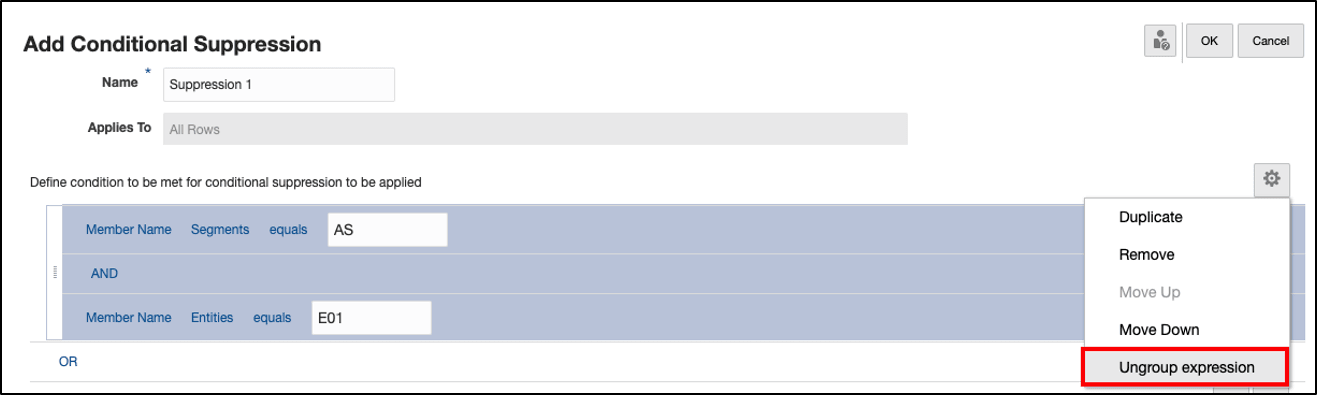 In the Actions menu, select Ungroup expression.