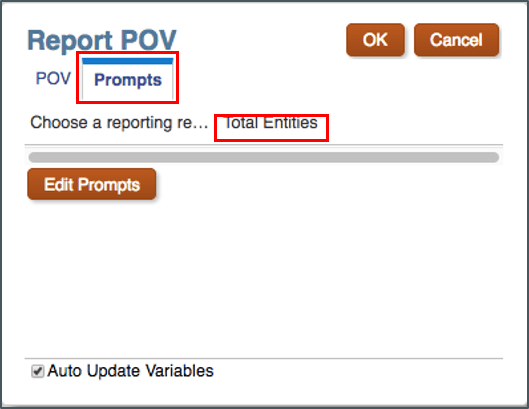 Screenshot shows the Report POV dialog box with the prompts tab displayed and Total Entities selected. Screenshot shows the Report POV dialog box with the prompts tab displayed and Total Entities selected.