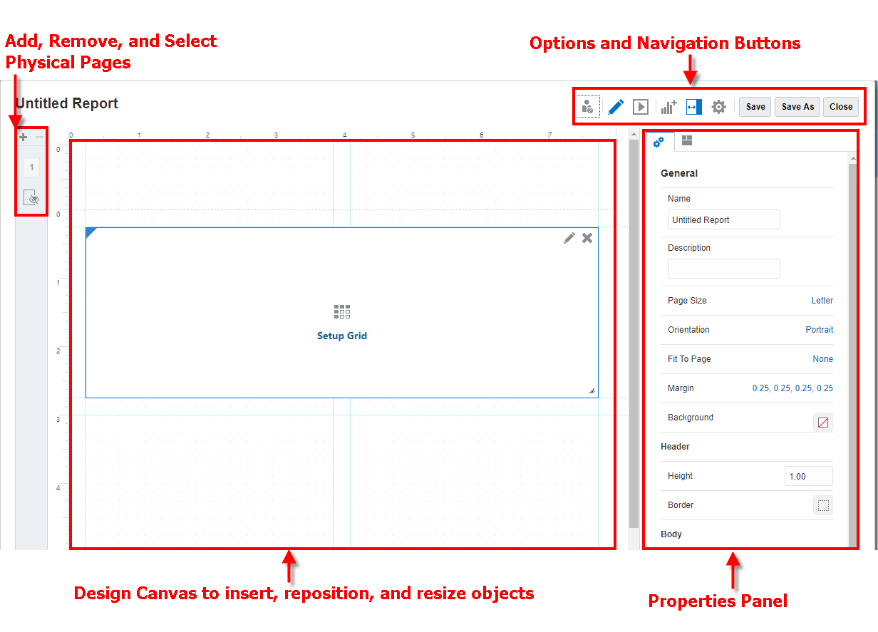 Screenshot of report designer UI with areas described in the following list Screenshot of report designer UI with areas described in the following list