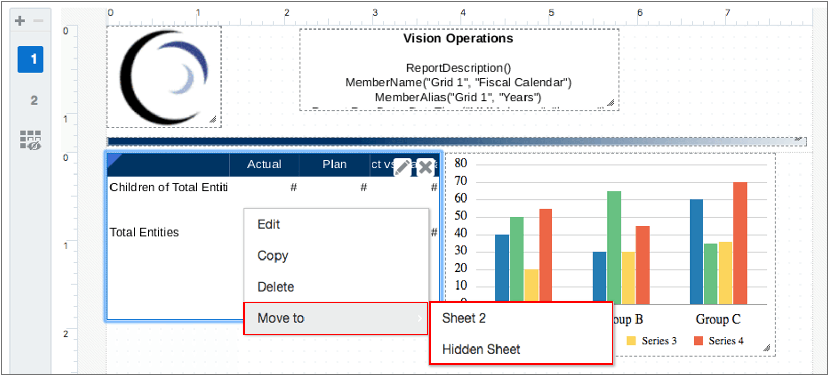 screenshot shows the right-click menu on a report object with Copy highlighted screenshot shows the right-click menu on a report object with Copy highlighted