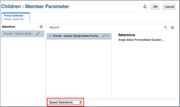 screenshot shows the Member Selector dialog box with Saved Selections displayed in view selector screenshot shows the Member Selector dialog box with Saved Selections displayed in view selector