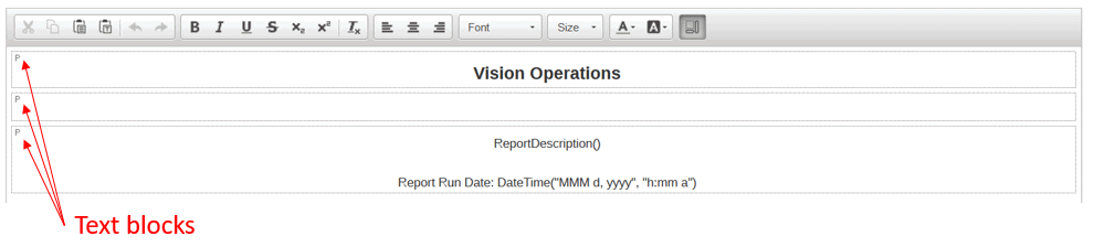 Screenshot shows the text editor with the three text blocks described previously