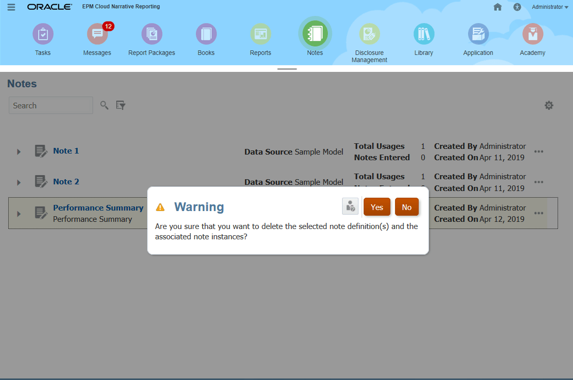 warning dialog box to confirm deleting Note Definition and Note