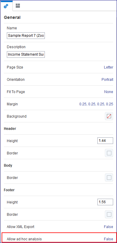 screenshot shows general properties panel with Allow Ad hoc analysis field highlighted screenshot shows general properties panel with Allow Ad hoc analysis field highlighted