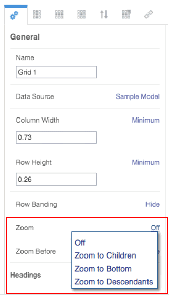 screenshot shows the grid properties panel with the zoom field selected and the options listed in the procedure displayed