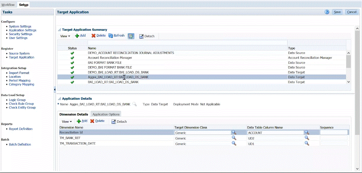 Image shows the Target Application page.