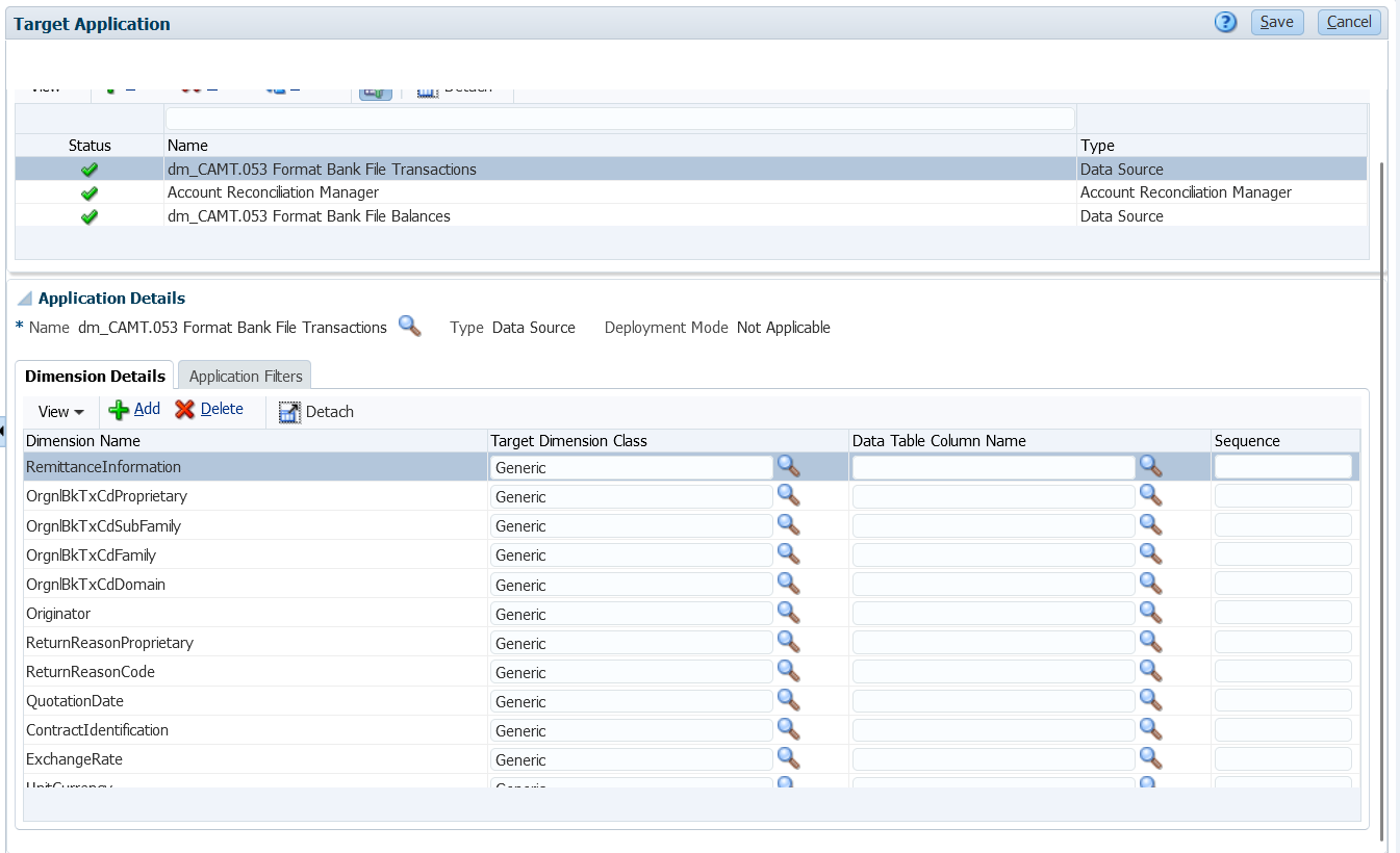 Image shows dimennsion details for CAMT.053 Bank File Transactions