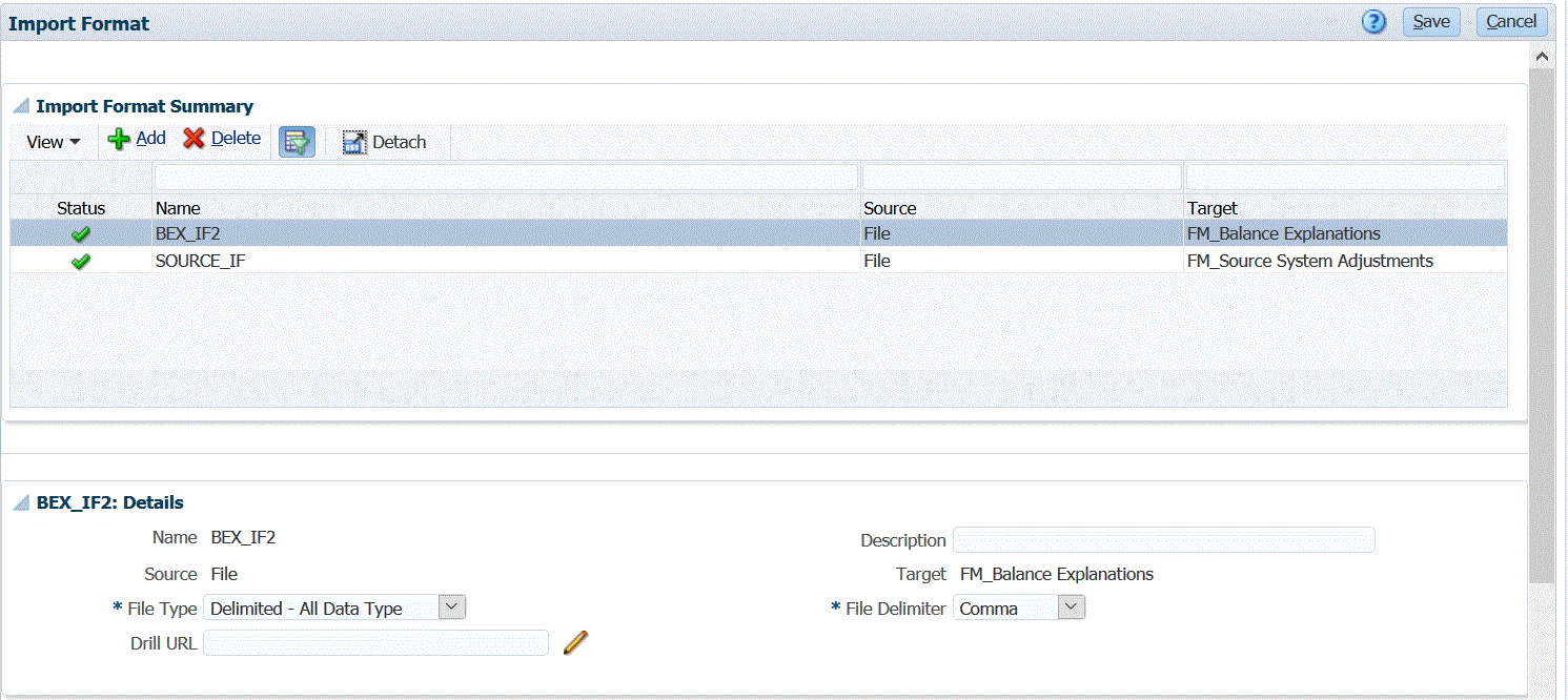 image shows the Import Format page