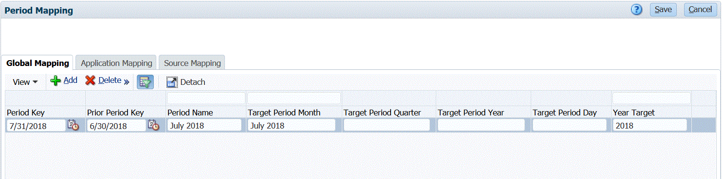 Image shows the Global Mappings tab in Period Mappings.
