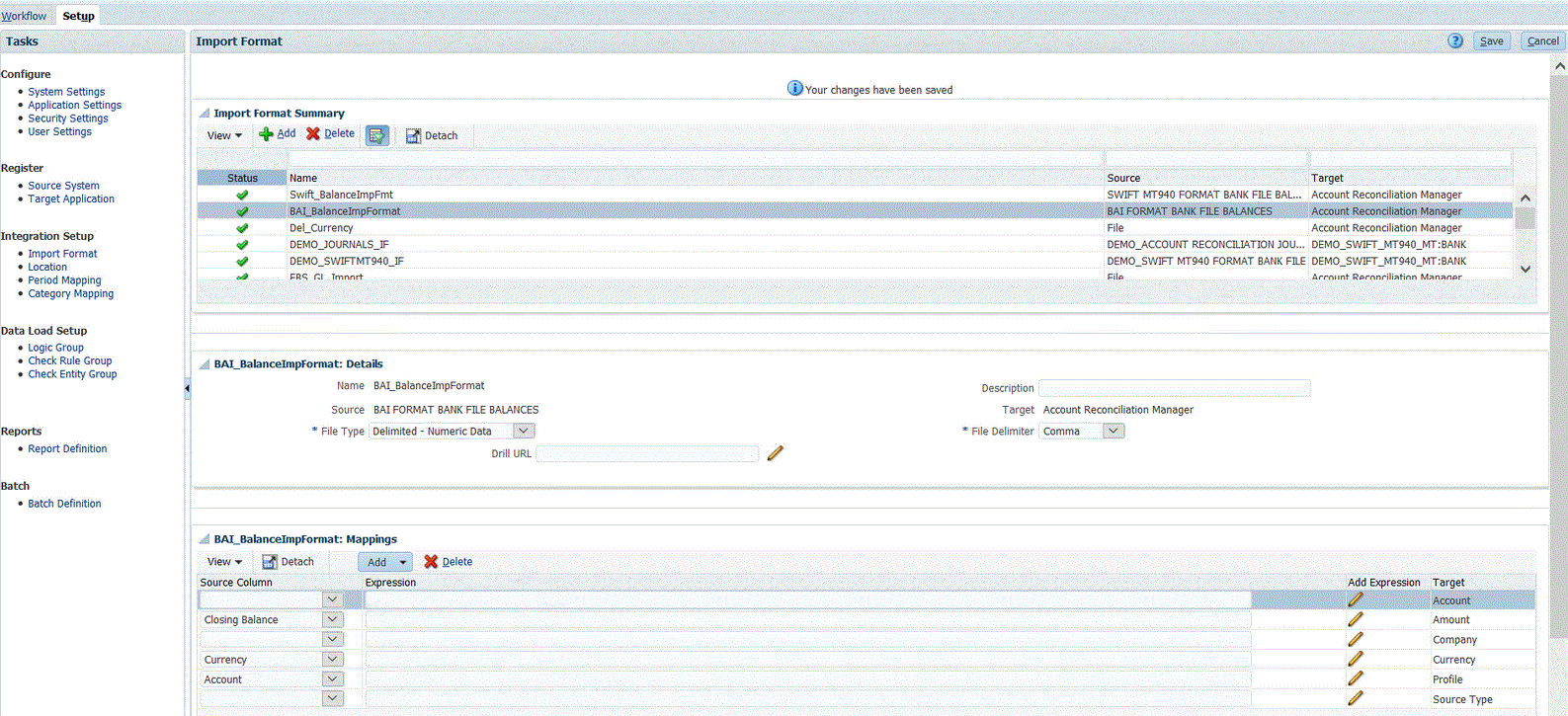Image shows import format for BAI Format Bank Balances