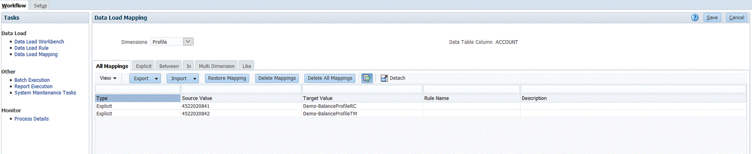 Image shows the Data Load Mapping page.
