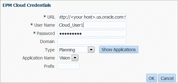 Image shows EPM Cloud Credentials screen