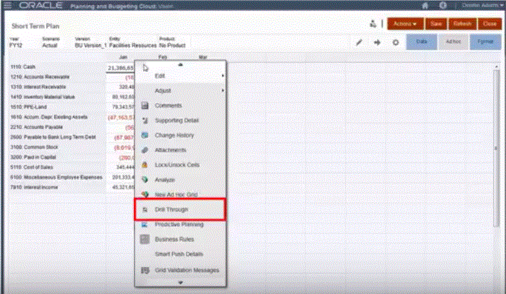 Image shows drill through option on the data form.
