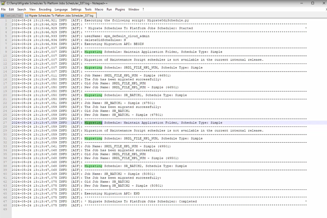 Image shows a migrated job schedule report.