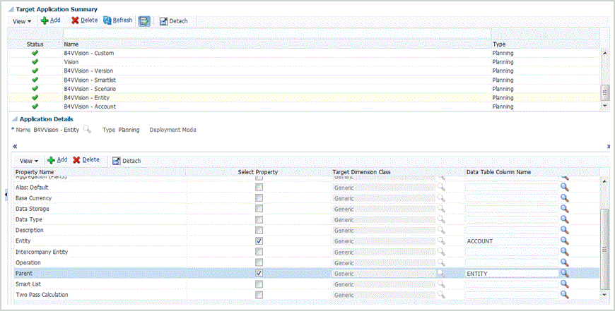 Image shows the Target Application screen