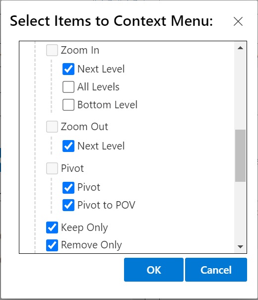 The Zoom In option, Next Level, and the Zoom Out option, Next Level, are both selected, along with Pivot, Pivot to POV, Keep Only, and Remove. These options will be added to the right-click context menu.
