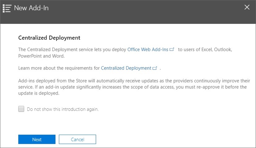 New Add-In, Centralized Deployment wizard