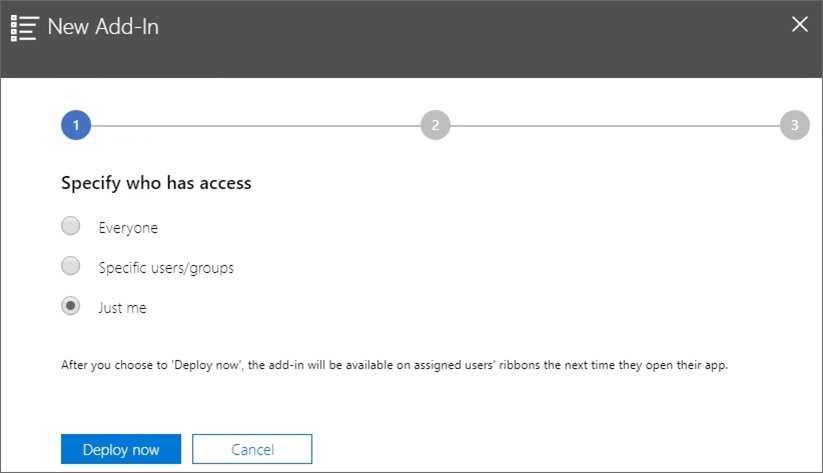 Wizard step 1: The Specify who has access field showing options - Everyone, Specific users/groups, and Just me.