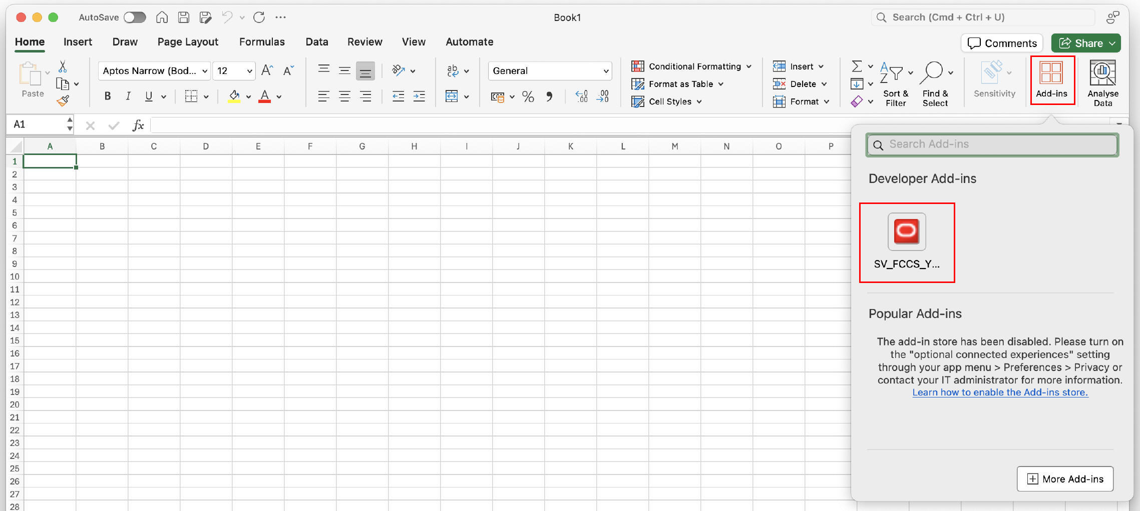 Smart View add-in available for selection in the Add-In menu on the Home tab