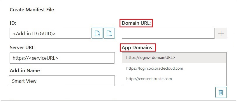 Highlights the Domain URL and App Domains fields on the Create Manifest page.