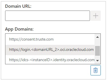 App Domains field listing the certification URL, one additional login URL, and the IDCS URL