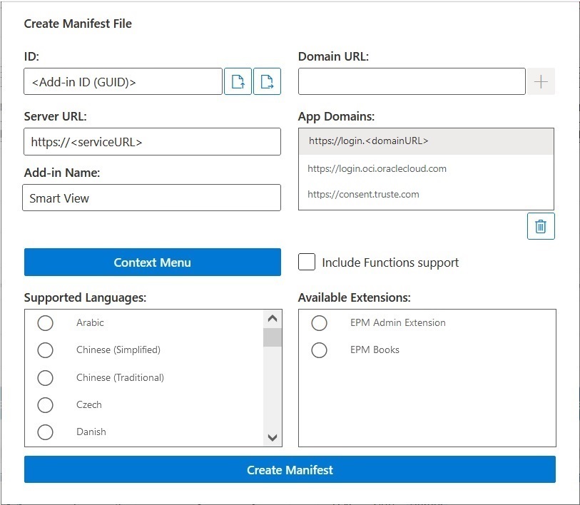 Shows the Create Manifest page.