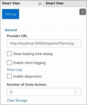Options panel, Settings tab, showing the Clear Storage link at the bottom of the panel