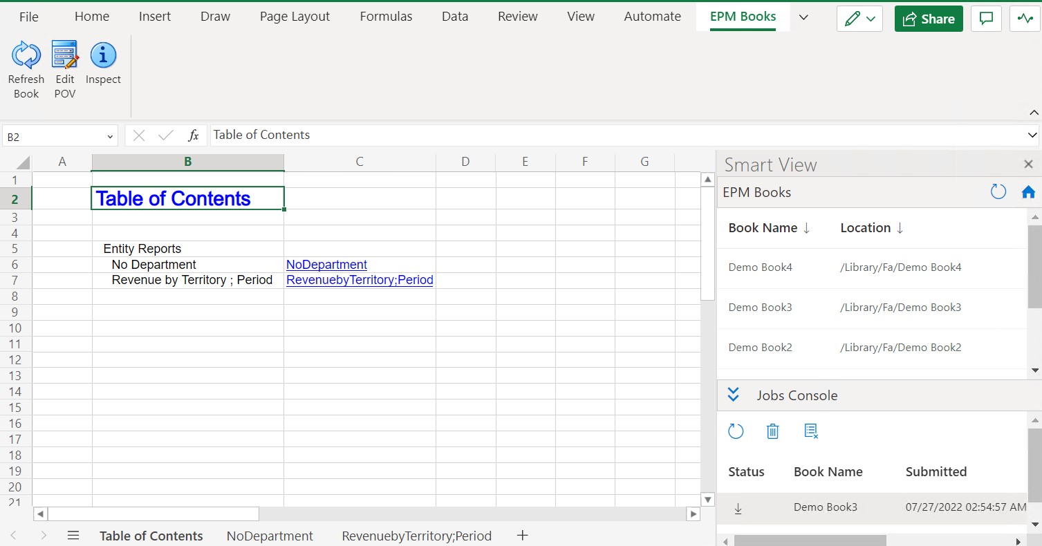 Shows an example of the TOC page and worksheets tabs in a book imported into Excel 365 Shows an example of the TOC page and worksheets tabs in a book imported into Excel 365