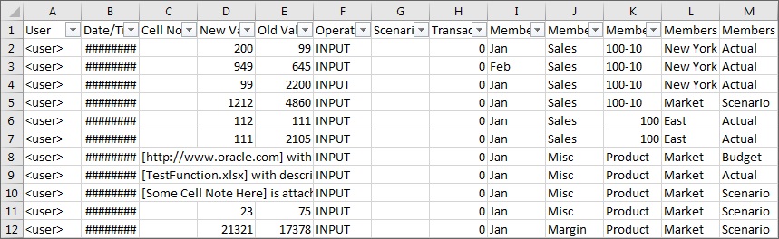 A worksheet containing the content of the audit trail for a selected Essbase cube.