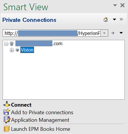 The Smart View Panel when connected to Planning, Planning Modules, Financial Consolidation and Close, or Tax Reporting; the Launch EPM Books Home command appears in the Action Panel at the bottom of the Smart View Panel The Smart View Panel when connected to Planning, Planning Modules, Financial Consolidation and Close, or Tax Reporting; the Launch EPM Books Home command appears in the Action Panel at the bottom of the Smart View Panel