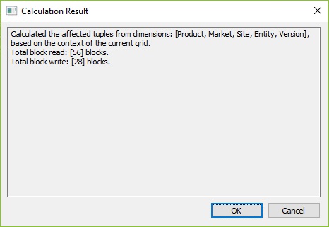 The Calculation Results dialog after running the tuple calculation on grid Product and Market tuples. The Total block read is 56 blocks; the total block write is 28 blocks.