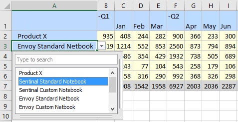 The row dimension member Envoy Standard Netbook is selected in the form, and a drop-down arrow appears to the right of the cell, which has been clicked, displaying a drop-down list from which to make a member selection. Using the scroll bar, you can view all members in the dimension in this list. The row dimension member Envoy Standard Netbook is selected in the form, and a drop-down arrow appears to the right of the cell, which has been clicked, displaying a drop-down list from which to make a member selection. Using the scroll bar, you can view all members in the dimension in this list.