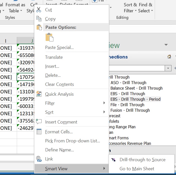 On the staging sheet, the right-click context menu showing the options for the Smart View menu item, Drill-through to Source and Go to Main Sheet On the staging sheet, the right-click context menu showing the options for the Smart View menu item, Drill-through to Source and Go to Main Sheet